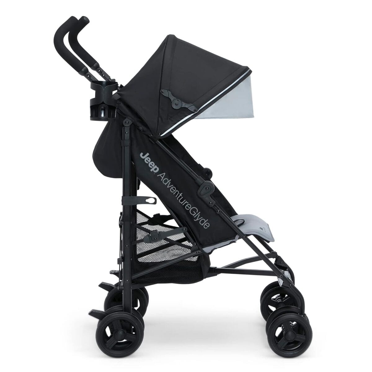 Jeep AdventureGlyde Stroller by Delta Children – Lightweight Travel Stroller with Smoothest Ride & Compact Fold, 3-Position Recline, Extra Large Storage Basket, Black/Grey