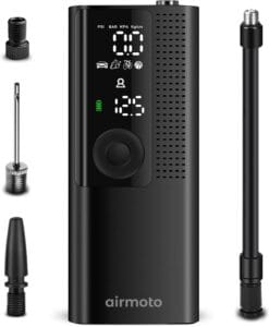 Airmoto Tire Inflator Portable Air Compressor - Air Pump For Car Tires with Digital Pressure Gauge, LED Light and Auto Shut-Off Function - Cordless Pump for Car, Motorcycle, Bicycle, Balls and More