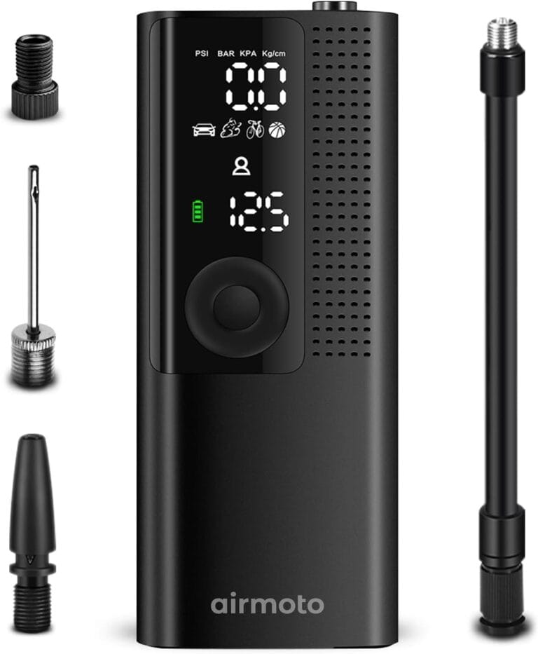 Airmoto Tire Inflator Portable Air Compressor - Air Pump For Car Tires with Digital Pressure Gauge, LED Light and Auto Shut-Off Function - Cordless Pump for Car, Motorcycle, Bicycle, Balls and More