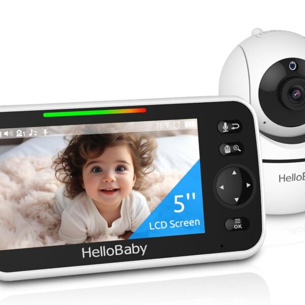 HelloBaby No WiFi Baby Monitor 5" Screen 30-Hour Battery Pan-Tilt-Zoom Video Upgrade with Camera and Audio, Night Vision, VOX, 2-Way Talk, 8 Lullabies and 1000ft Range