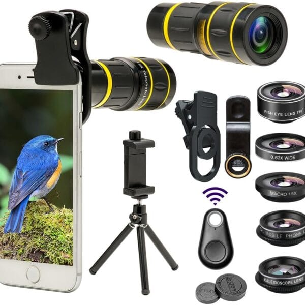 Godefa Cell Phone Camera Lens with Tripod+ Shutter Remote,6 in 1 18x Telephoto Zoom Lens/Wide Angle/Macro/Fisheye/Kaleidoscope/CPL, Clip-On lense Compatible for iPhone X 8 7 6s Plus, Samsung and More