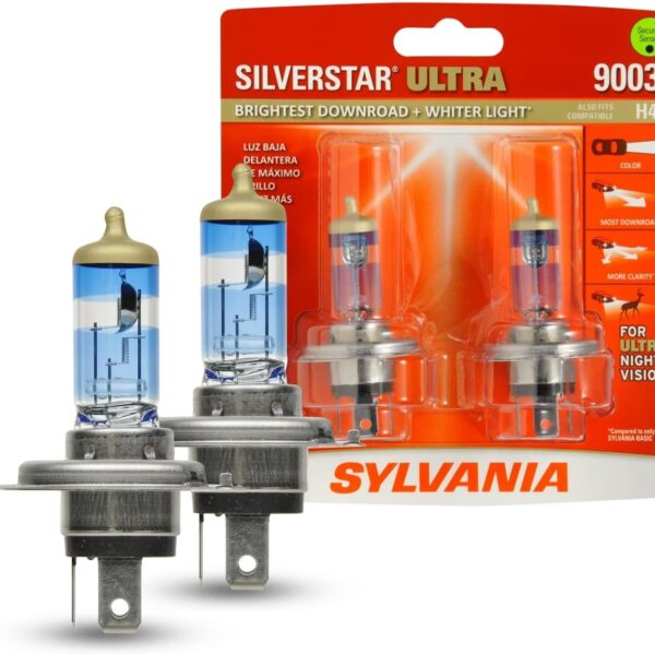 Sylvania 9003 SilverStar Ultra High Performance Halogen Headlight Bulb, Brightest Downroad with Whiter Light (2 Bulbs)