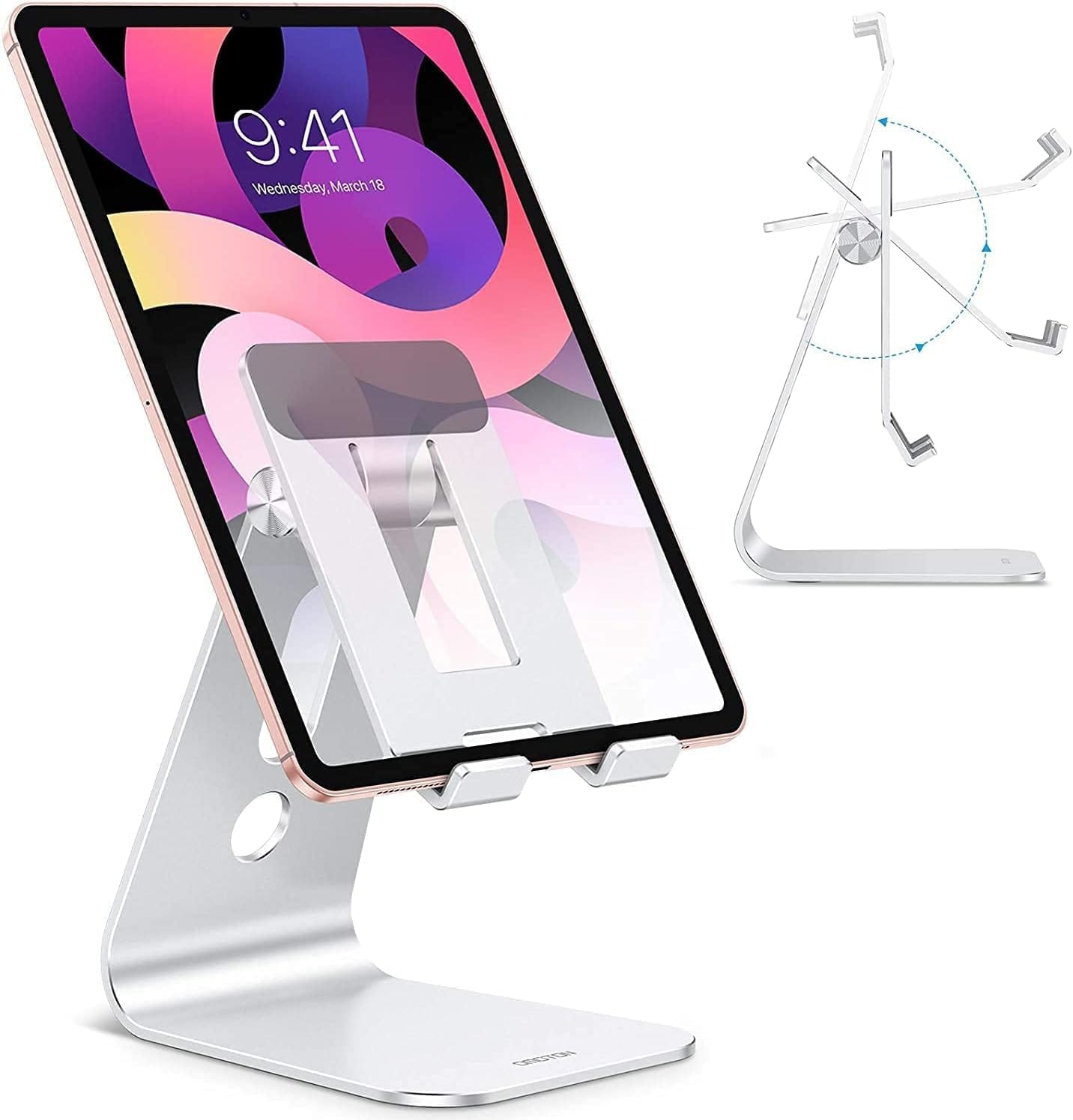 OMOTON Adjustable Tablet Stand For Desk, Upgraded Longer Arms For Greater Stability, T2 Tablet Holder With Hollow Design For Bigger Sized Phones And Tablets Such As IPad Pro/Air/Mini, Silver OMOTON Adjustable Tablet Stand for Desk, Upgraded Longer Arms for Greater Stability, T2 Tablet Holder with Hollow Design for Bigger Sized Phones and Tablets Such as iPad Pro/Air/Mini, Silver