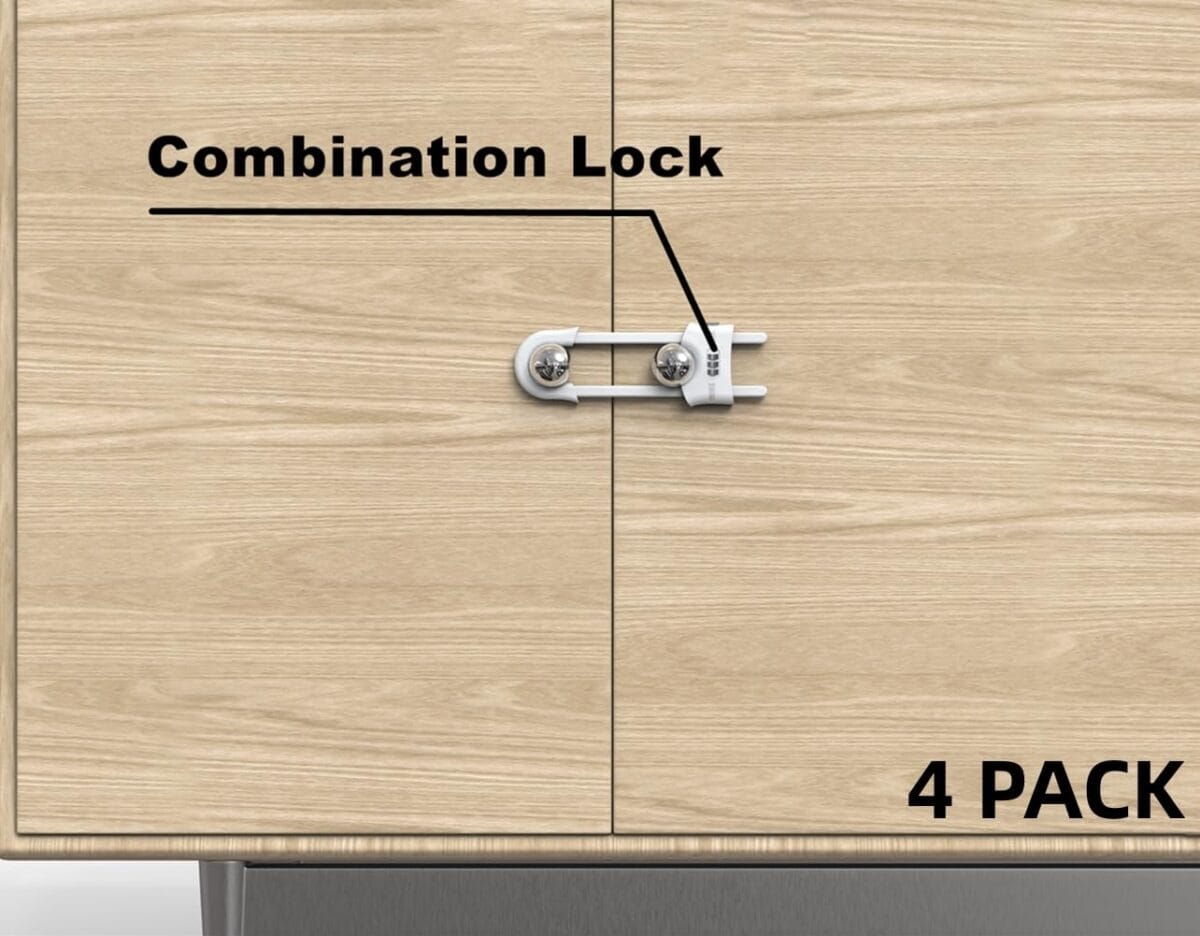 4 PACK Child Proof Sliding Cabinet Door Code Locks Baby Safety Cupboard Locks Adjustable U Shaped Cabinet Latches for Knob Handle Drawers Closet (4 PCS, White)