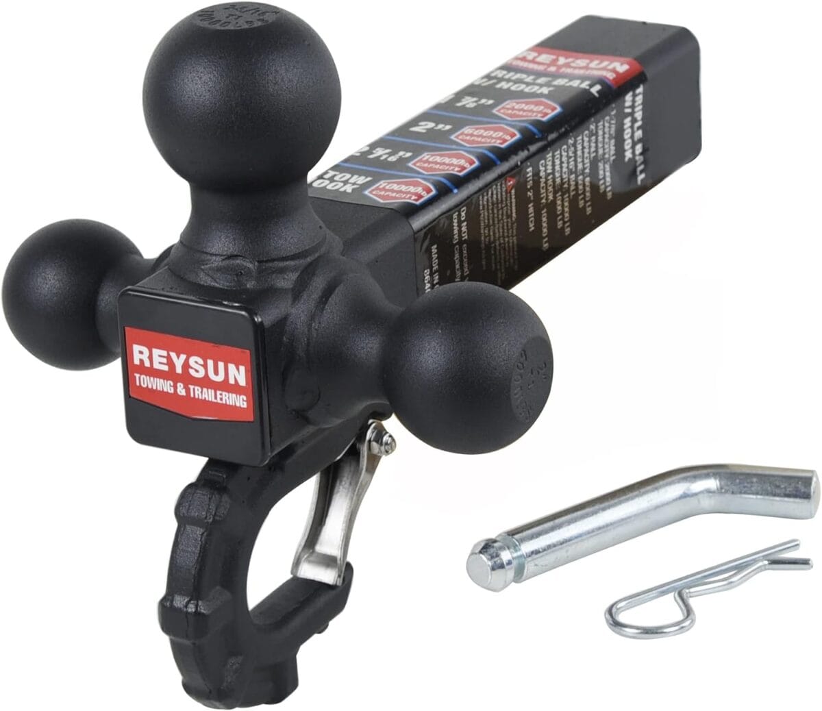 Trailer Hitch Tri-Ball Hitch with Hook: Tactical Tow Ball Hitch, Fits 2-inch Hitch Receiver, Secure with Self-Lock Latch, Matt Black