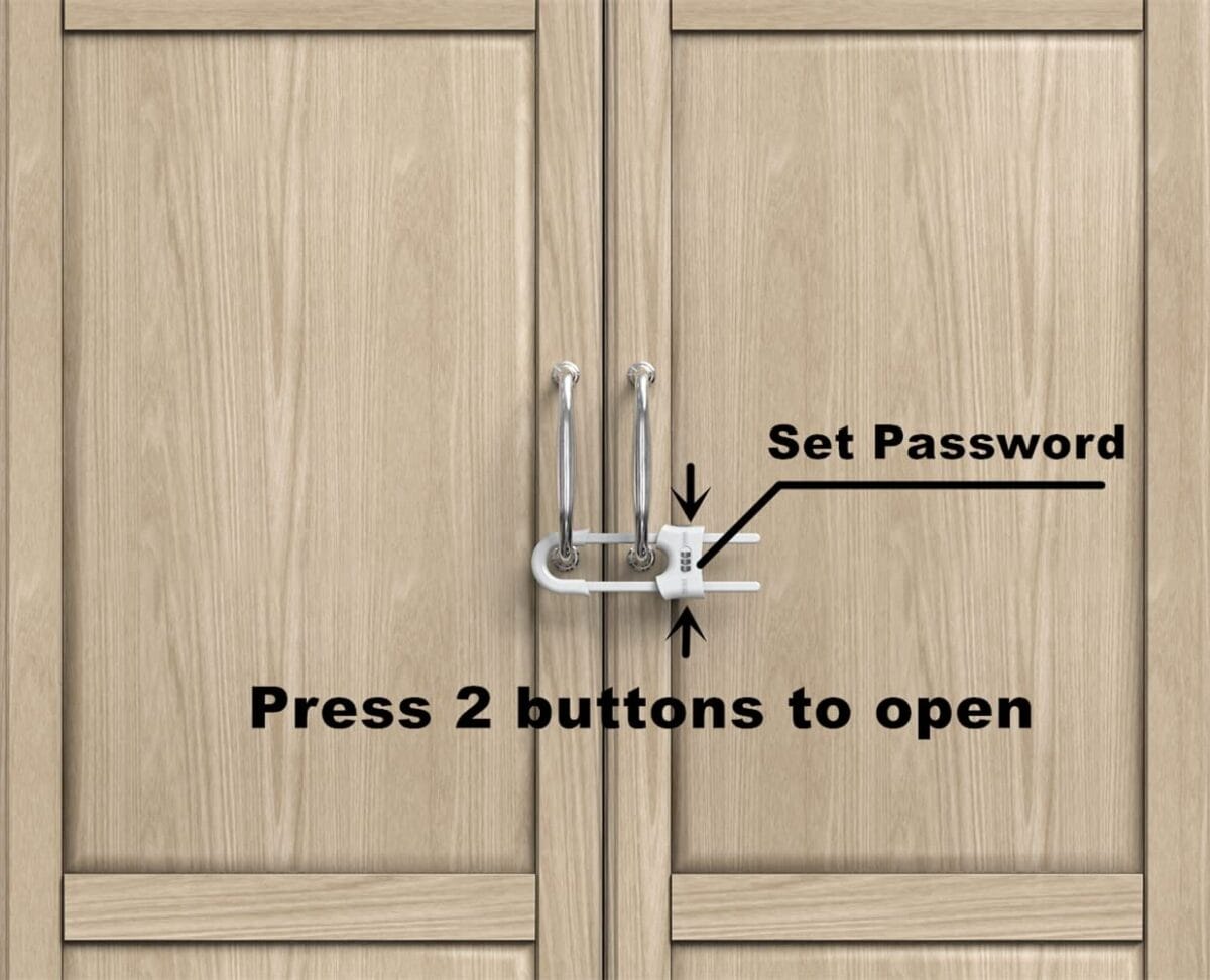 4 PACK Child Proof Sliding Cabinet Door Code Locks Baby Safety Cupboard Locks Adjustable U Shaped Cabinet Latches for Knob Handle Drawers Closet (4 PCS, White)