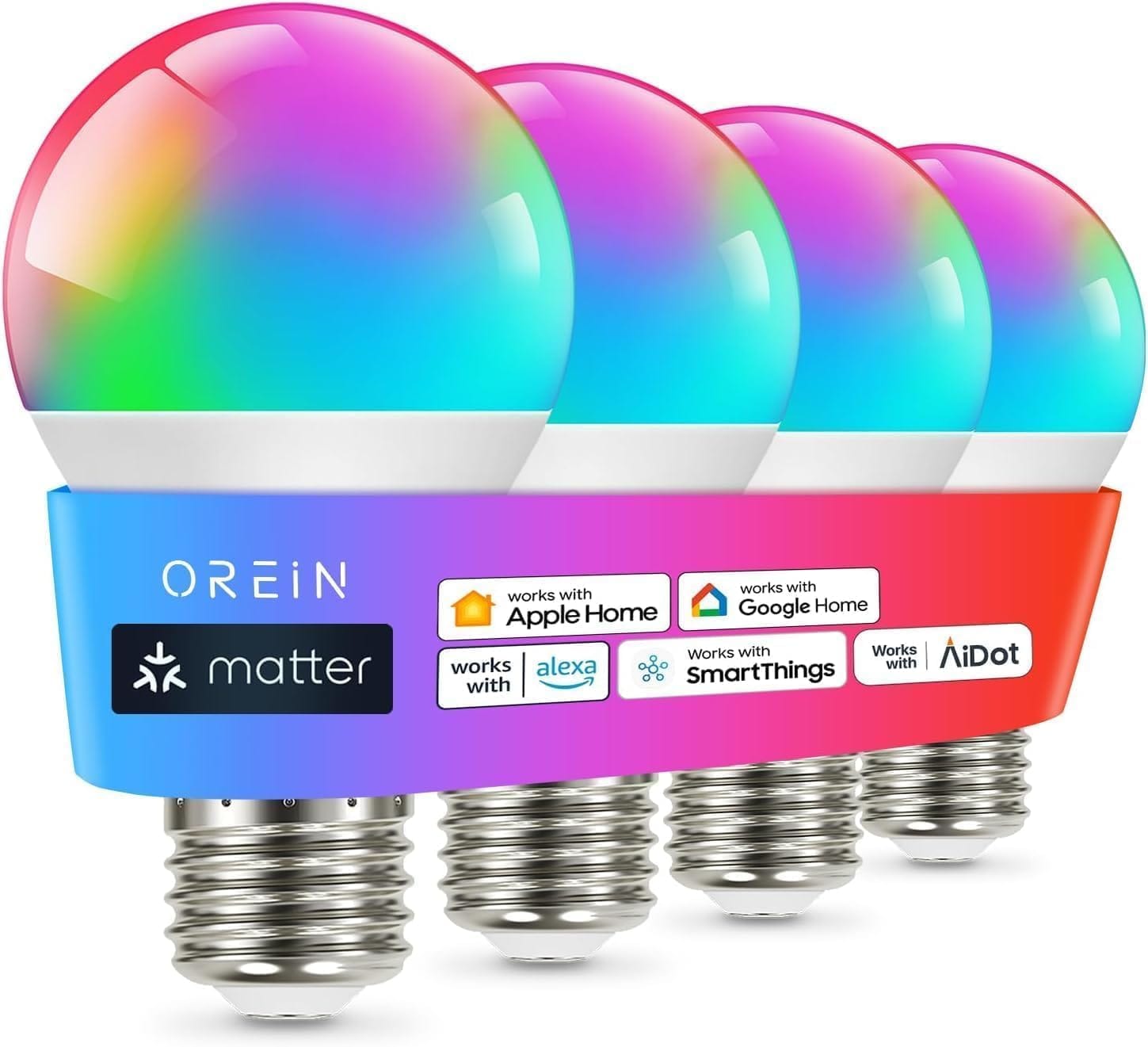 OREiN Matter Smart Light Bulb, Smart Light Bulbs Work With Apple Home, Alexa, Google Home, SmartThings, A19 Color Changing Light Bulbs 2.4Ghz WiFi, 800 Lumens Equivalent 60W 4Pack OREiN Matter Smart Light Bulb, Smart Light Bulbs Work with Apple Home, Alexa, Google Home, SmartThings, A19 Color Changing Light Bulbs 2.4Ghz WiFi, 800 Lumens Equivalent 60W 4Pack
