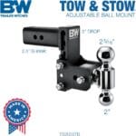 B&W Trailer Hitches Tow & Stow Adjustable Trailer Hitch Ball Mount – Fits 2.5″ Receiver, Dual Ball (2″ x 2-5/16″), 5″ Drop, 18,000 GTW – TS20037B