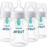 Philips Avent Anti-Colic Baby Bottle with AirFree Vent, 9oz, with Flow 2 Nipples, 1m+, 4pk, Clear, SCY703/04