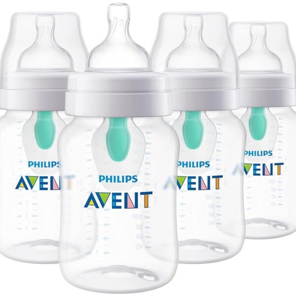 Philips Avent Anti-Colic Baby Bottle with AirFree Vent, 9oz, with Flow 2 Nipples, 1m+, 4pk, Clear, SCY703/04