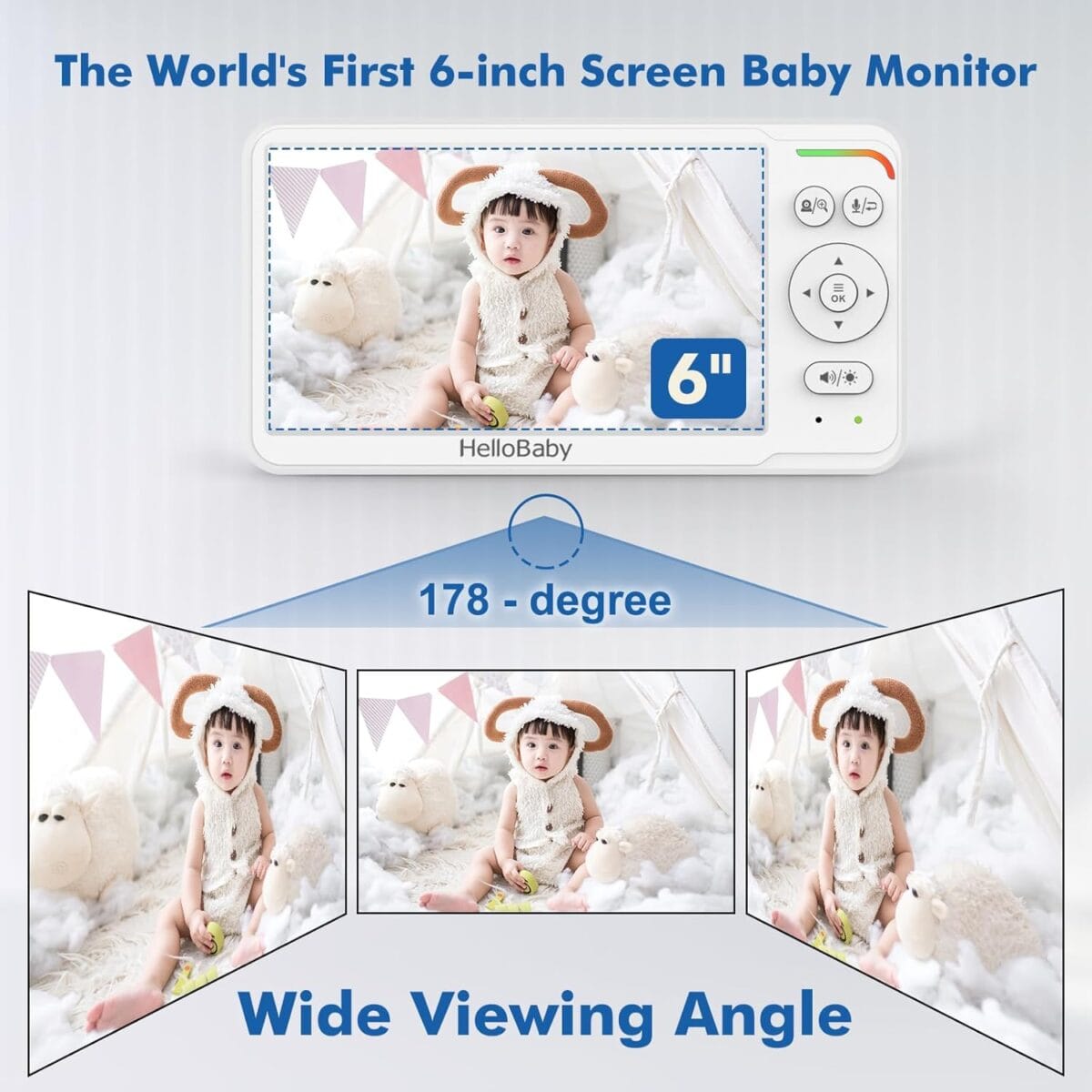 HelloBaby Baby Monitor with 6″ World First IPS Screen 30-Hrs Battery, Remote Pan/Tilt/Zoom Camera, No WiFi Video Baby Monitor Camera and Audio, ECO, VOX, 2-Way Talk, Night Vision, 1000ft, Portable