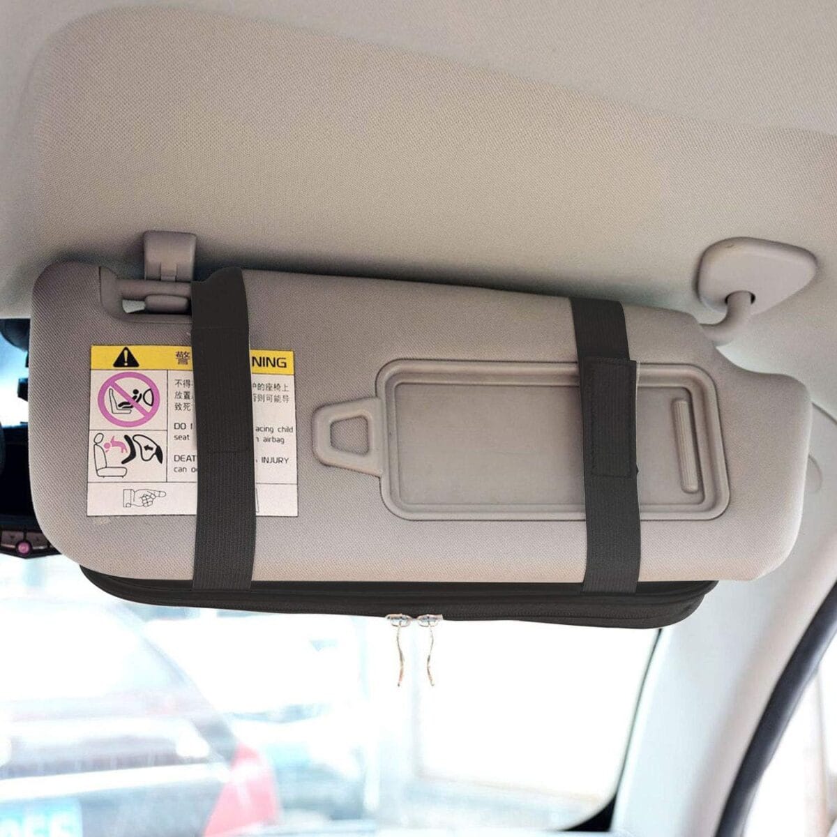 Da by Car Sun Visor Organizer, Multi-Pocket Visor Organizer Storage Pouch for Cars, SUVs & Trucks with Double Zippers, Elastic Bands & Glasses Clip – Organizes Essentials Keep Tidy (Black)