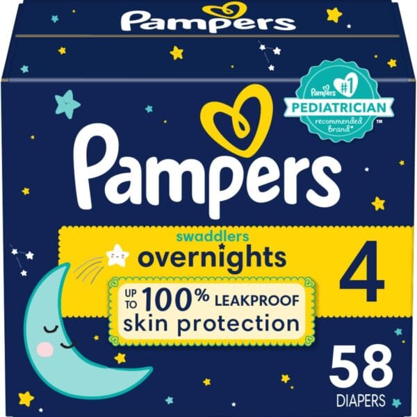 Pampers Overnight Diapers - Swaddlers Overnights - Size 4, 58 Count, Disposable Baby Diaper, Night Time Leak and Skin Protection