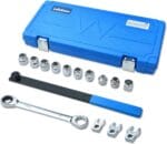 LainKeen 15 Pieces Ratcheting Serpentine Belt Tool Set,Serpentine Belt Removal Installation Tensioner Kit with Reversible Ratcheting Wrench, Socket Adapters, 6-Point Sockets, and Crowfoot Wrenches