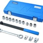 LainKeen 15 Pieces Ratcheting Serpentine Belt Tool Set,Serpentine Belt Removal Installation Tensioner Kit with Reversible Ratcheting Wrench, Socket Adapters, 6-Point Sockets, and Crowfoot Wrenches
