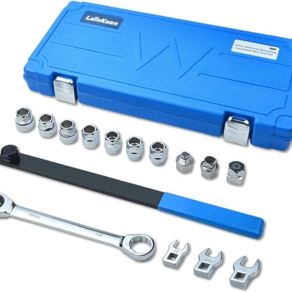 LainKeen 15 Pieces Ratcheting Serpentine Belt Tool Set,Serpentine Belt Removal Installation Tensioner Kit with Reversible Ratcheting Wrench, Socket Adapters, 6-Point Sockets, and Crowfoot Wrenches