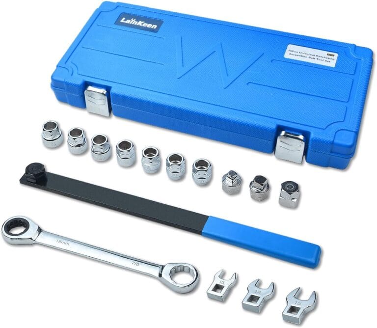 LainKeen 15 Pieces Ratcheting Serpentine Belt Tool Set,Serpentine Belt Removal Installation Tensioner Kit with Reversible Ratcheting Wrench, Socket Adapters, 6-Point Sockets, and Crowfoot Wrenches