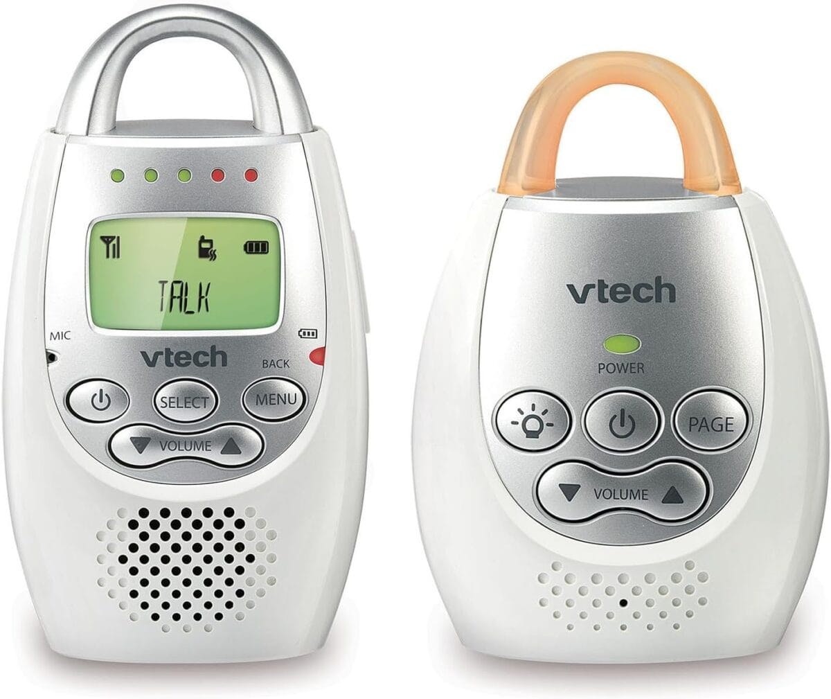 VTech Communications DM221 Audio Baby Monitor with up to 1,000 ft of Range, Vibrating Sound-Alert, Talk Back Intercom & Night Light Loop, White/Silver