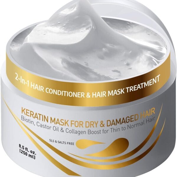VITAMINS hair cosmetics Keratin Hair Mask Deep Conditioner - Biotin Collagen Protein & Castor Oil Repair for Dry Damaged Hair - Conditioning Treatment for Curly or Straight Thin Fine Locks