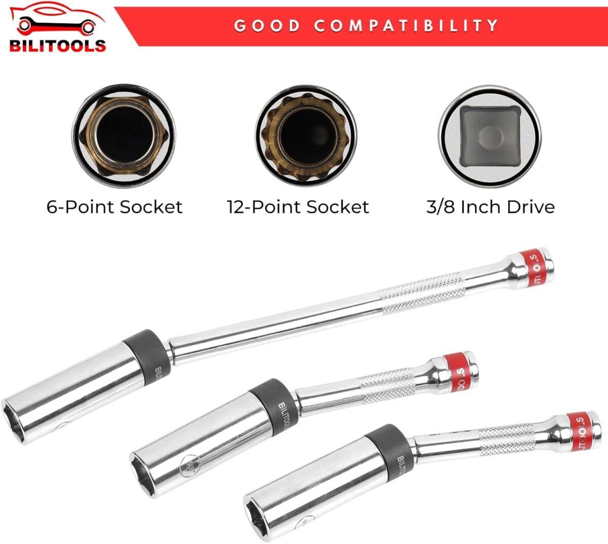 BILITOOLS 6 Piece 3/8-Inch Drive Magnetic Swivel Spark Plug Socket Set-includes 9/16-Inch, 5/8-Inch, 14mm, 16mm Socket & 3/8-inch Drive with 6-Point and 12-Point, CR-V