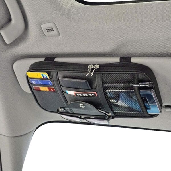 Da by Car Sun Visor Organizer, Multi-Pocket Visor Organizer Storage Pouch for Cars, SUVs & Trucks with Double Zippers, Elastic Bands & Glasses Clip - Organizes Essentials Keep Tidy (Black)