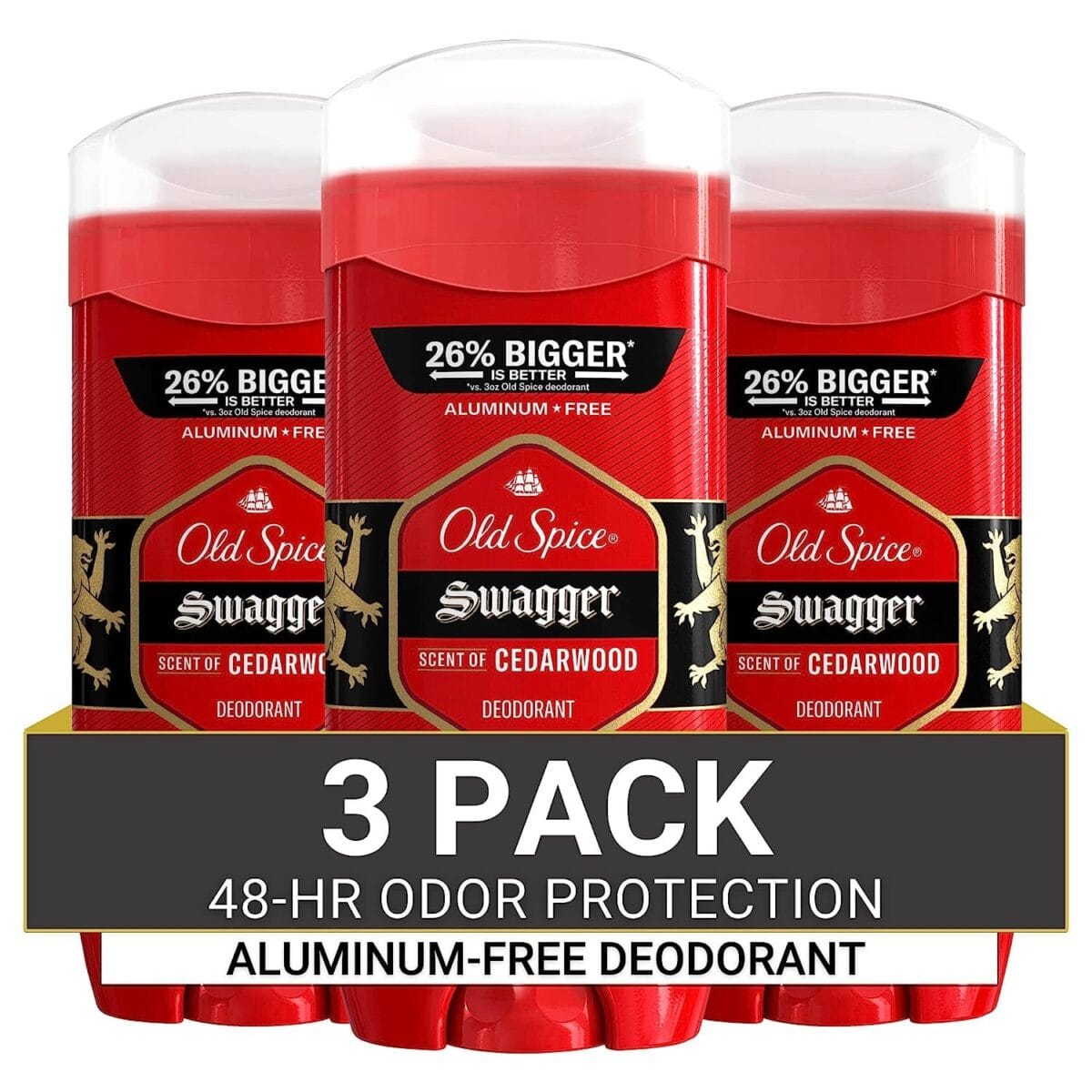 Old Spice Aluminum Free Deodorant for Men, 24/7 Odor Protection, 24/7 Lasting Freshness, Red Collection, Swagger with Cedarwood Scent, 3.8 oz (Pack of 3)