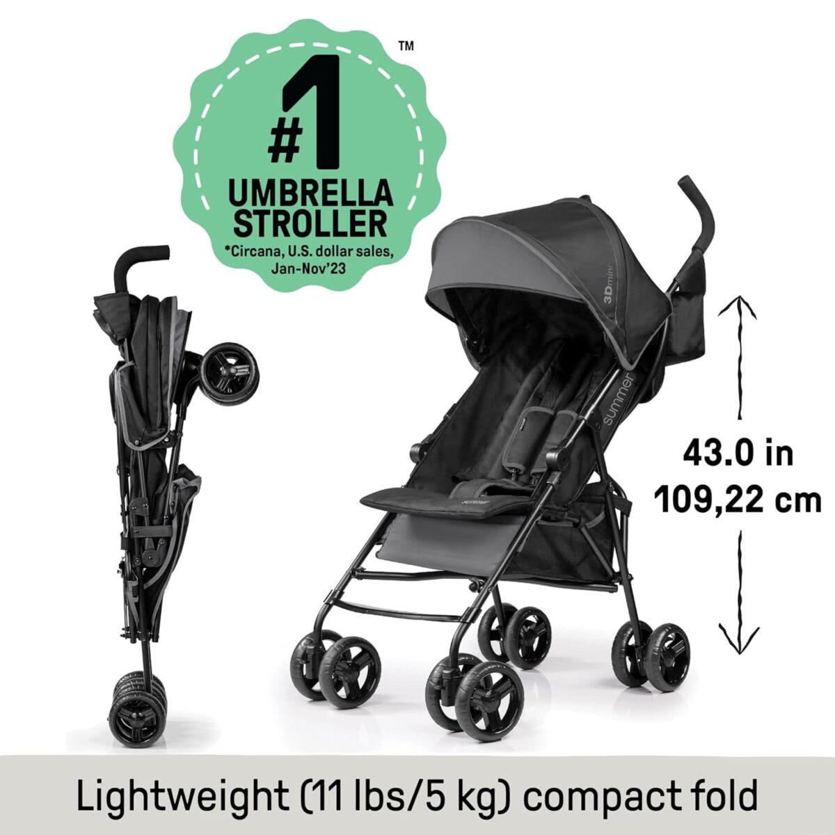 Summer by Ingenuity 3D Mini Convenience Stroller  Lightweight Stroller with Compact Fold, Multi-Position Recline, Canopy with Pop Out Sun Visor and More  Umbrella Stroller for Travel and More, Gray