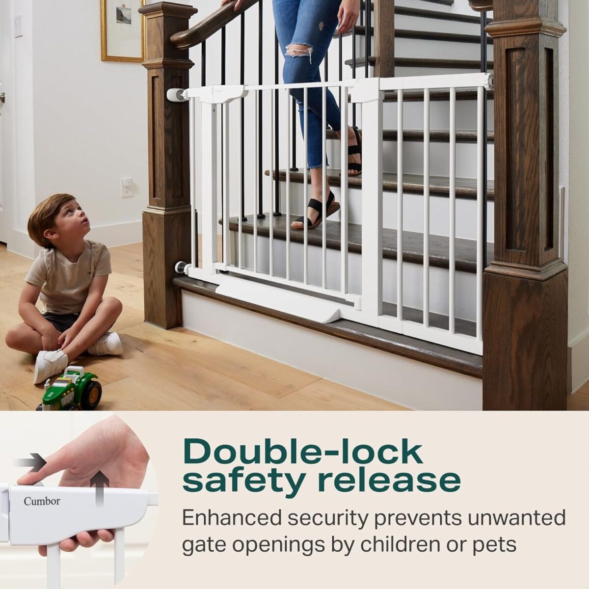 Cumbor 29.7-46″ Baby Gate for Stairs, Toddler Safety Essentials for The House, Auto Close Dog Gate for Doorways, Mom’s Choice Awards Winner-Easy Install Pressure Mounted Pet Gates for Dogs, White