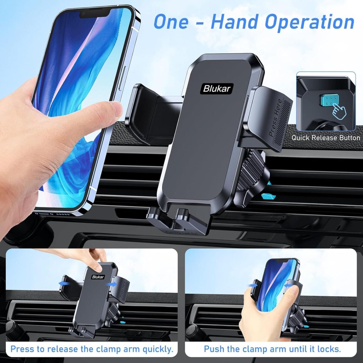 Car Phone Holder Mount, Super Stable Air Vent Cell Phone Car Mount with 2025 Metal Hook Clip, 360 Rotation,One Button Release for iPhone, Samsung, Google, and All Other Smartphones