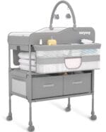 Baby Changing Table, Versatile Folding Changing Table, Waterproof Diaper Changing Station, Adjustable Height with 2 Drawers,Baby Changing Station, Mobile Nursery for Infant and Newborn