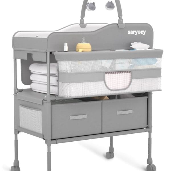 Baby Changing Table, Versatile Folding Changing Table, Waterproof Diaper Changing Station, Adjustable Height with 2 Drawers,Baby Changing Station, Mobile Nursery for Infant and Newborn