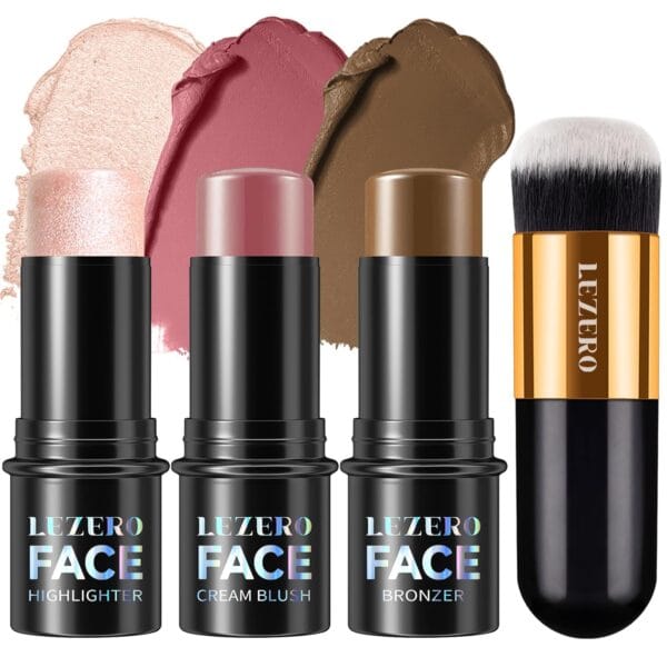 3Pcs Cream Contour Stick Makeup Kit, Shades with Highlighter Stick,Blush Stick and Bronzer Stick for Sculpt the Cheeks, Long Lasting, Waterproof, Dewy & Matte Finish, LIGHT MEDIUM (#02,05,06)