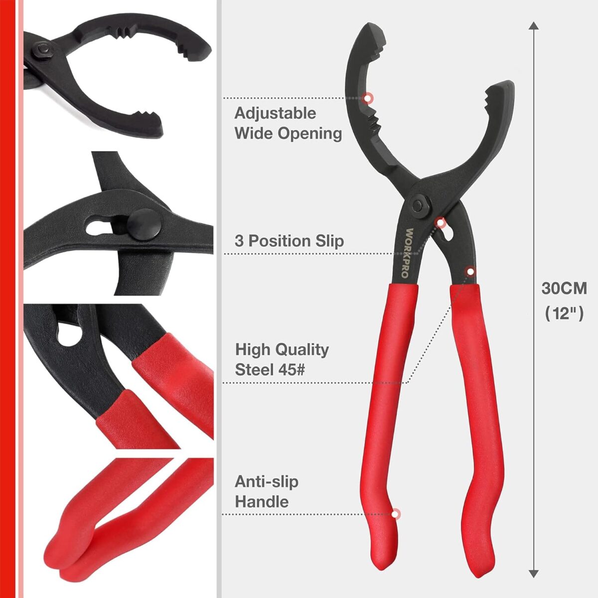 WORKPRO 12″ Adjustable Oil Filter Pliers, Wrench Adjustable Oil Filter Removal Tool, Ideal For Engine Filters, Conduit, & Fittings, W114083A