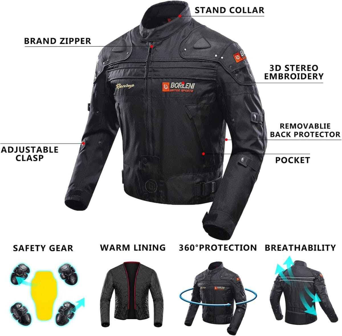 BORLENI Motorcycle Jacket Motorbike Riding Jacket Windproof Motorcycle Full Body Protective Gear CE Armor All Season Black L