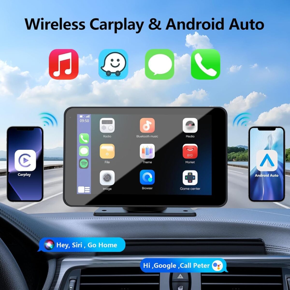 Apple Carplay Screen for Car, 7″ HD Portable Car Stereo Touch Screen with Wireless Android Auto, Backup Camera, Car Audio Receivers with Voice Control, Mirror Link, Bluetooth, GPS Navigation