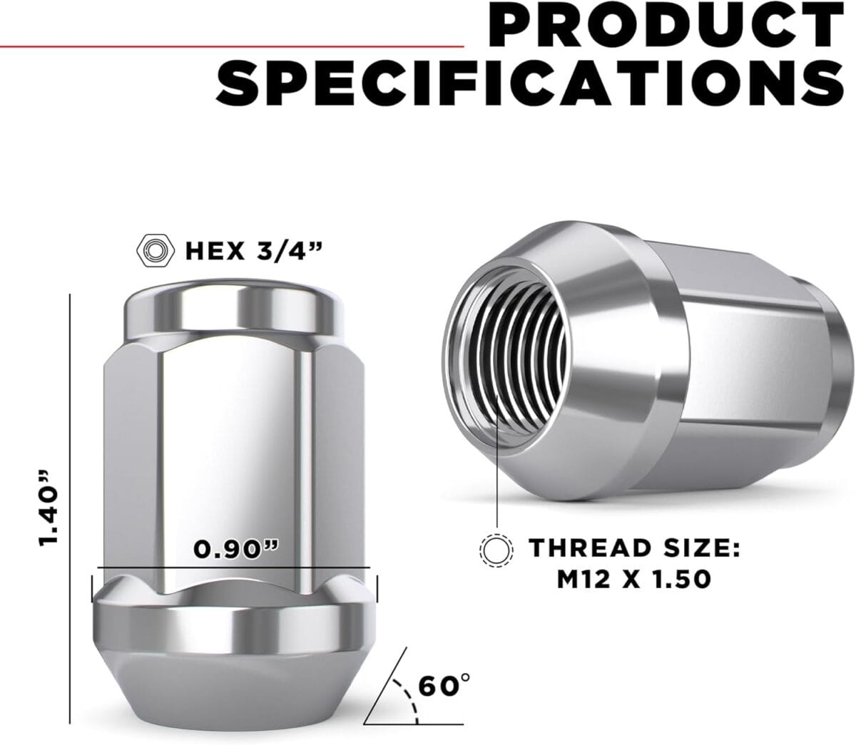 White Knight M12x1.50 Solid Piece Bulge Acorn Lug Nuts (NO Cap) for Select Aftermarket & Factory Wheels, EZ to Install, Durable Carbon Steel, Stylish Triple Layer Chrome Finish – 1907S-20AM (20 Pack)