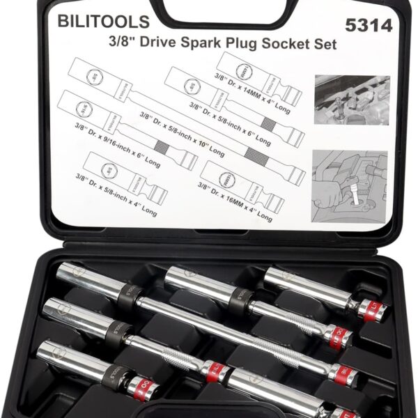 BILITOOLS 6 Piece 3/8-Inch Drive Magnetic Swivel Spark Plug Socket Set-includes 9/16-Inch, 5/8-Inch, 14mm, 16mm Socket & 3/8-inch Drive with 6-Point and 12-Point, CR-V