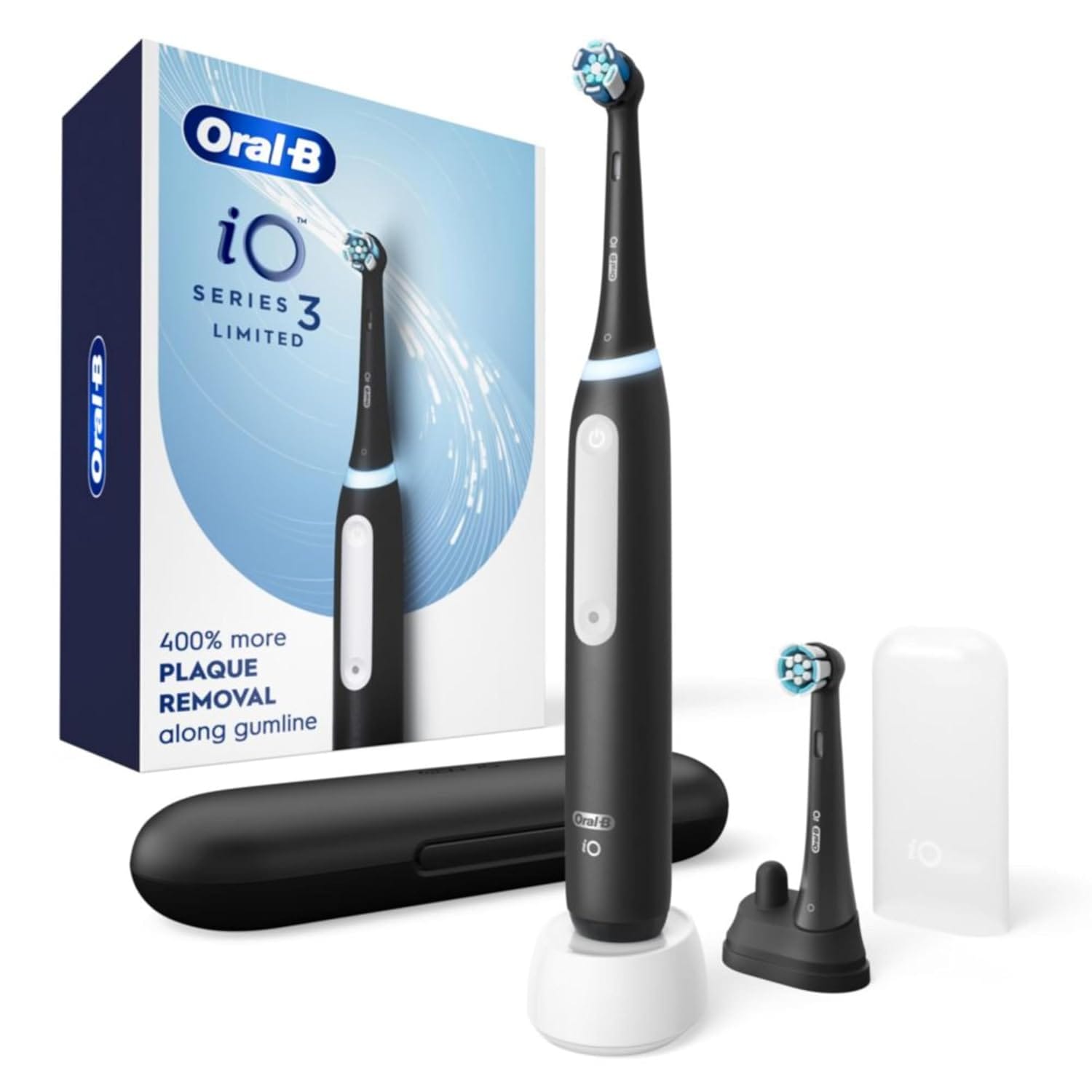 Oral B IO Deep Clean Rechargeable Electric Powered Toothbrush, Black With IO Series 3 Limited, 2 Brush Heads And Travel Case Pressure Sensor To Protect Gums 3 Cleaning Settings 2 Minute Timer Oral-B iO Deep Clean Rechargeable Electric Powered Toothbrush, Black with iO Series 3 Limited, 2 Brush Heads and Travel Case - Pressure Sensor to Protect Gums - 3 Cleaning Settings - 2 Minute Timer