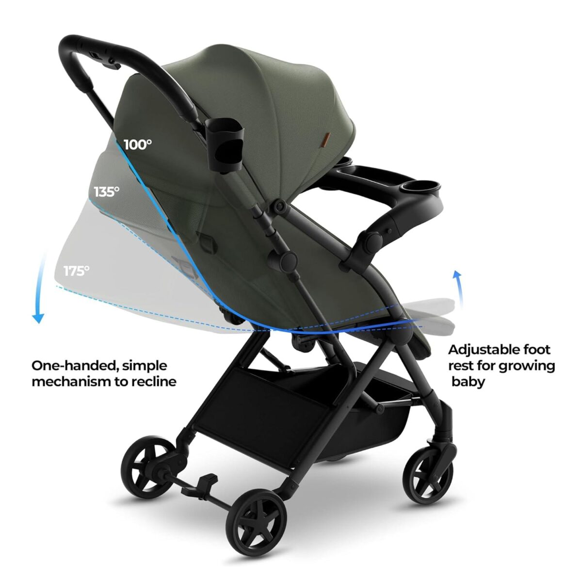 Mompush Lithe V2 Lightweight Stroller with Snack Tray, Ultra Compact Fold & Airplane Ready Travel Stroller, Near Flat Recline Seat, Cup Holder, Raincover & Travelbag Included