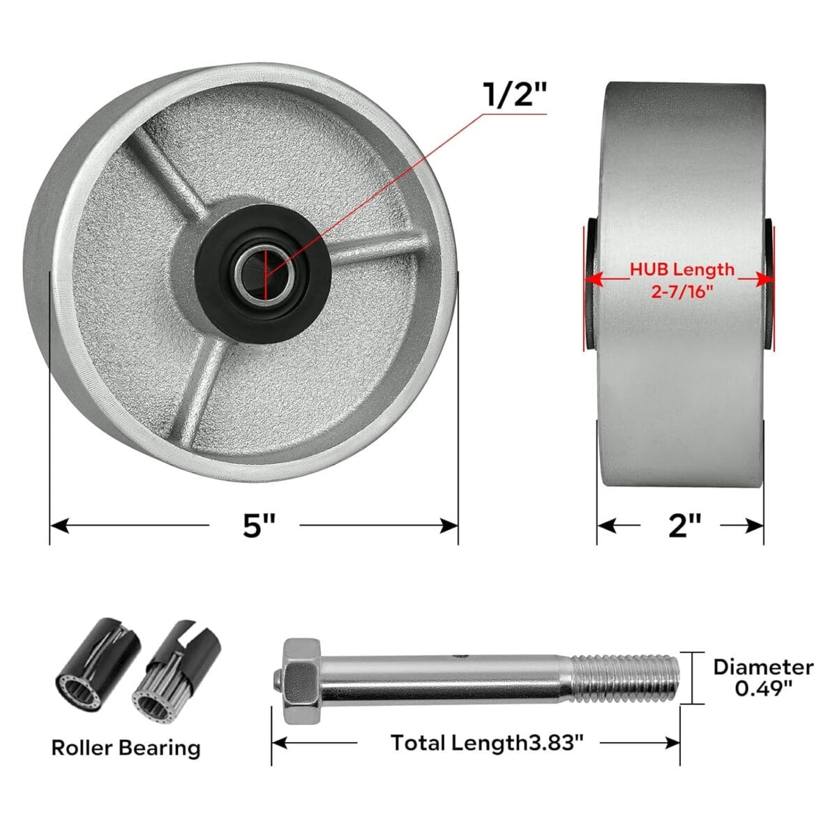 5″ x 2″ Industrial Casters, Steel Cast Iron Wheel – Heavy Duty Caster -Set of 4 Caster with 4000 lbs Capacity, Roller Bearing-1/2 Bore, Replacement Wheel for Platform Trucks(4 Pack)