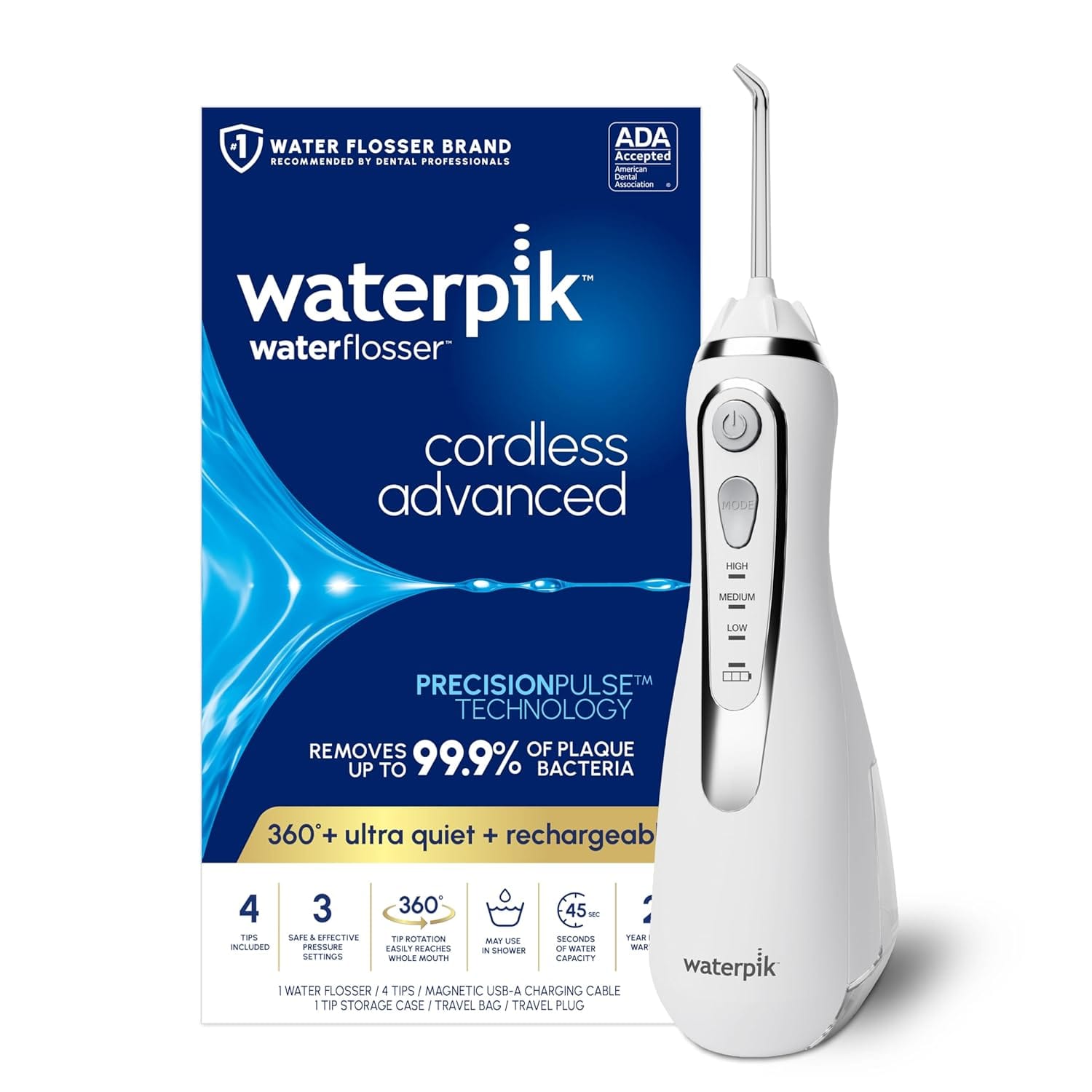 Waterpik Cordless Advanced 2.0 Water Flosser For Teeth, Gums, Braces, Dental Care With Travel Bag And 4 Tips, ADA Accepted, Rechargeable, Portable, And Waterproof, White WP 580, Packaging May Vary Waterpik Cordless Advanced 2.0 Water Flosser For Teeth, Gums, Braces, Dental Care With Travel Bag and 4 Tips, ADA Accepted, Rechargeable, Portable, and Waterproof, White WP-580, Packaging May Vary