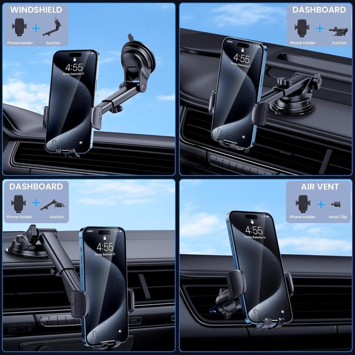 Car Phone Holder Mount, [Enhanced Adhesion Base] 3 in 1 Universal Car Phone Mount for Car Vent Windshield Cell Phone Car Mount Hands-Free Dashboard Phone Holder for iPhone Android All Smartphones