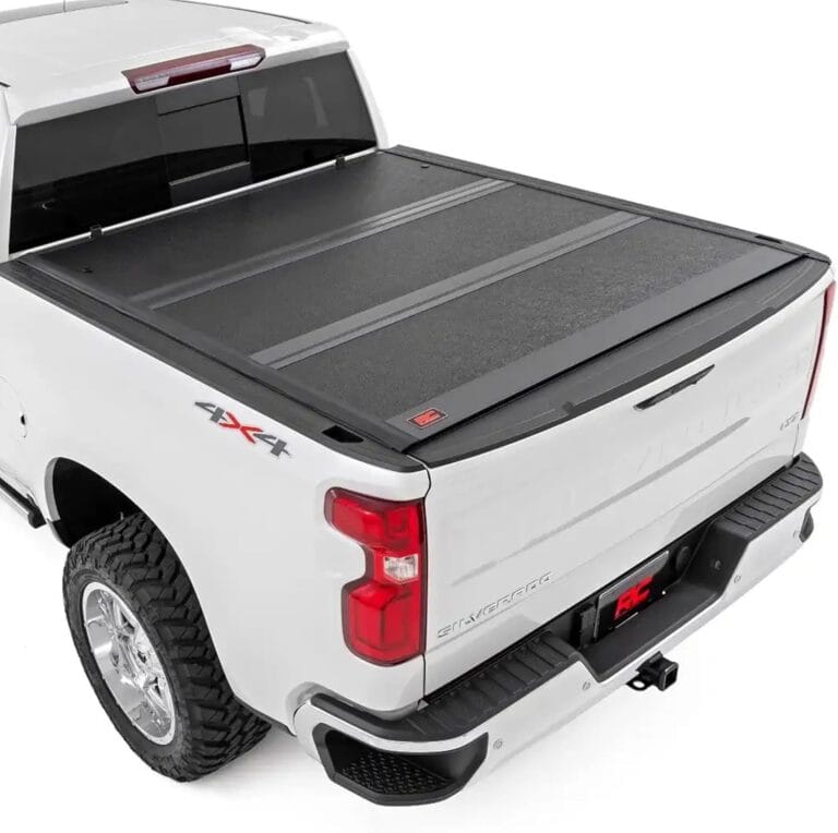 Rough Country Hard Tri-Fold Truck Bed Tonneau Cover for Chevy Silverado & GMC Sierra 1500 (2019-2025) - Low-Profile Aluminum Folding Bed Cover, Fits 5'10 (69.9") Bed