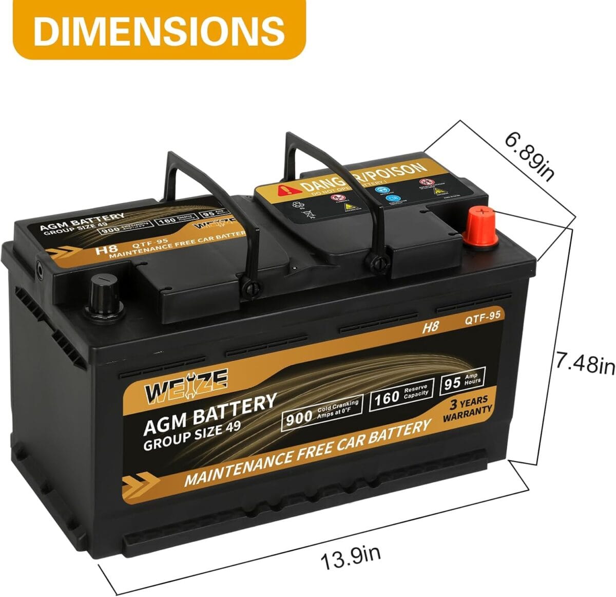 Weize Platinum AGM Battery BCI Group 49-12v 95ah H8 Size 49 Automotive Battery, 160RC, 900CCA, 36 Months Warranty