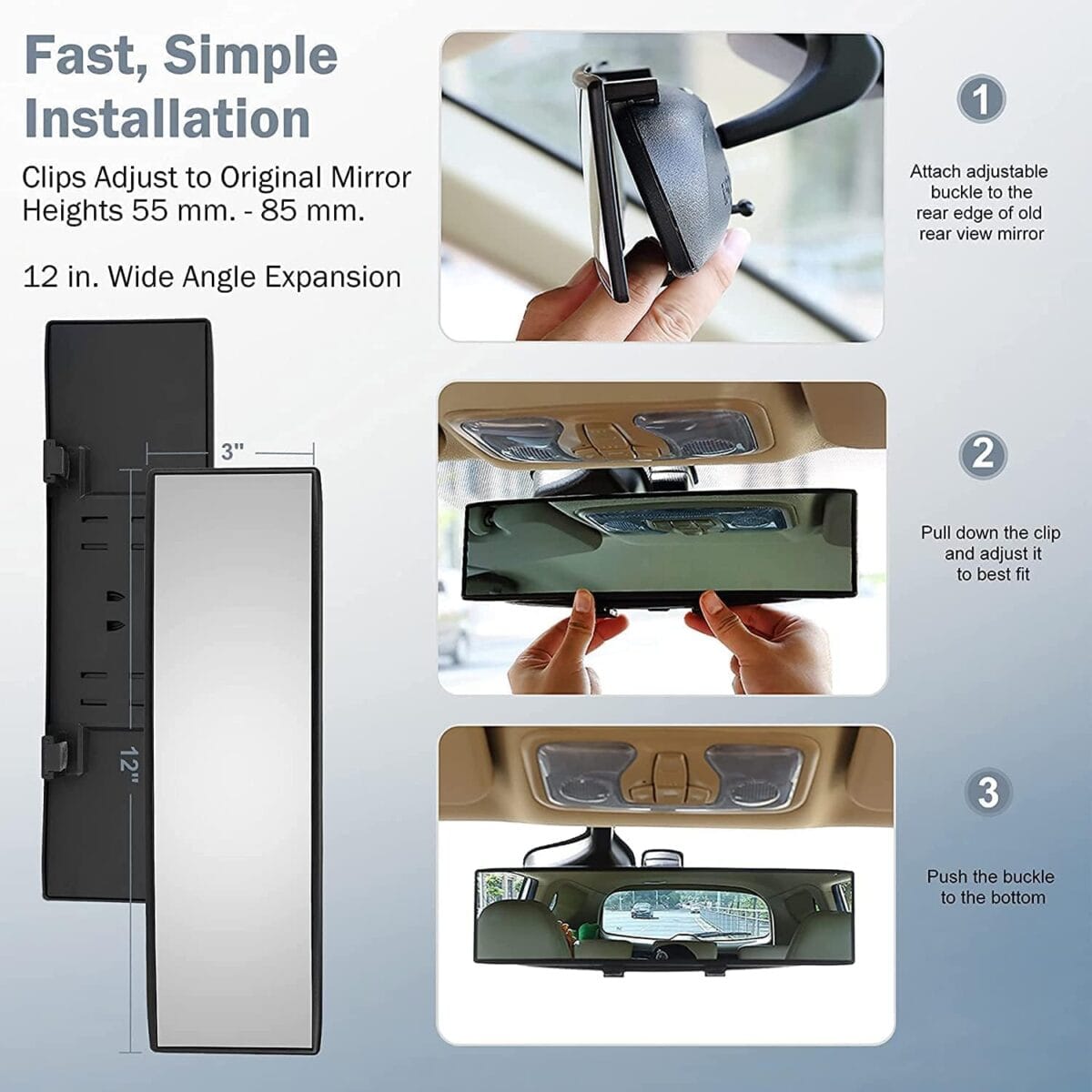 Verivue Universal Panoramic 12-Inch Rear View Mirror, Anti-Glare Wide Angle Car Mirror, Rearview Mirrors Accessory for Baby Rear-Facing, Clear Panoramic Convex Mirrors for Cars and SUVs
