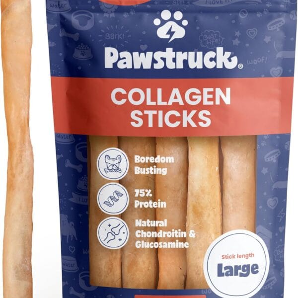 Pawstruck Natural Large 12" Beef Collagen Sticks for Dogs Long-Lasting Rawhide Alternative, High Protein Treats with Chondroitin & Glucosamine 5 Pack