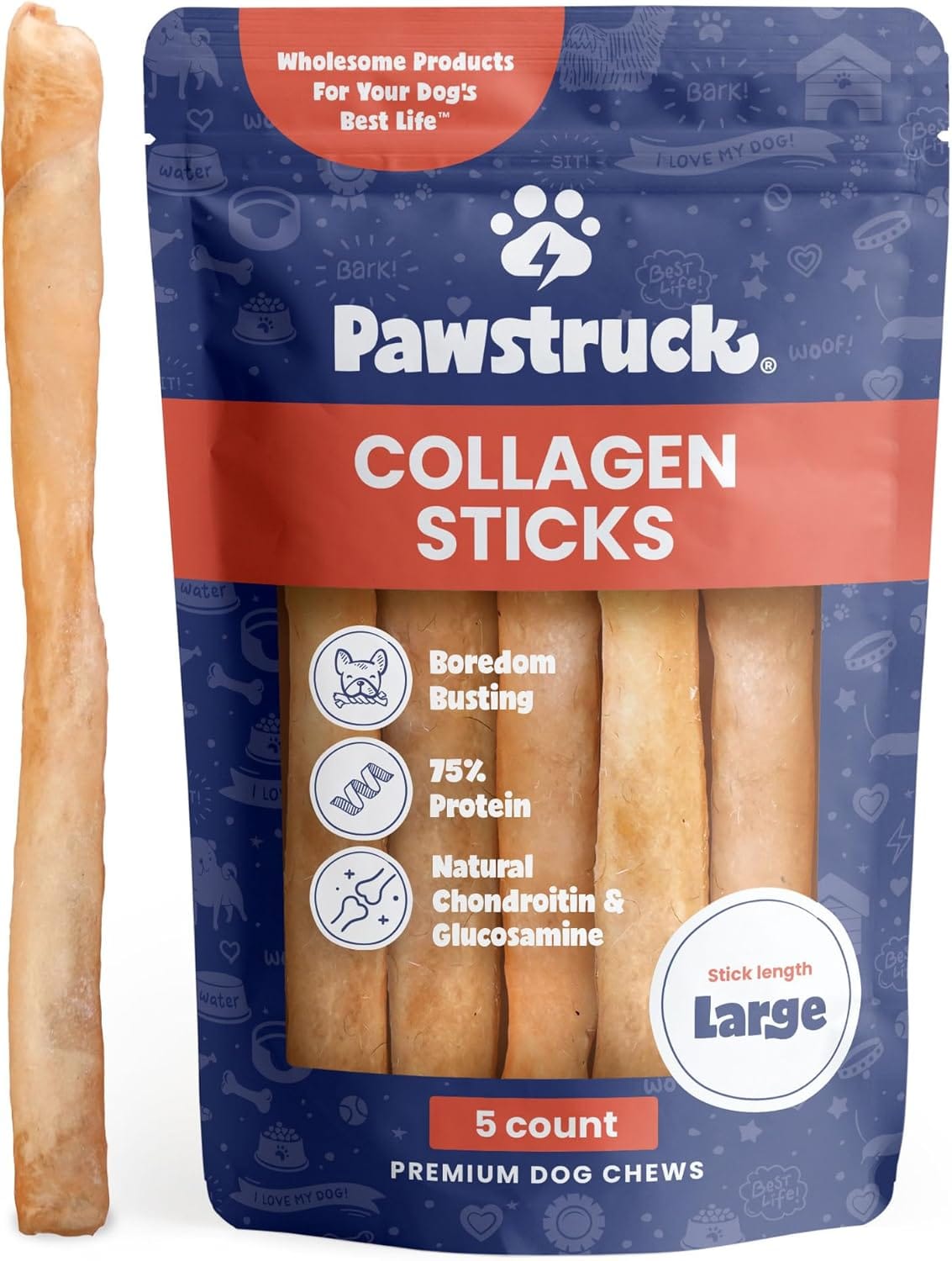 Pawstruck Natural Large 12" Beef Collagen Sticks For Dogs Long Lasting Rawhide Alternative, High Protein Treats With Chondroitin & Glucosamine 5 Pack Pawstruck Natural Large 12" Beef Collagen Sticks for Dogs Long-Lasting Rawhide Alternative, High Protein Treats with Chondroitin & Glucosamine 5 Pack