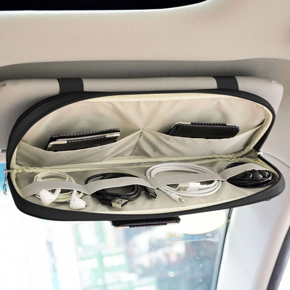 Da by Car Sun Visor Organizer, Multi-Pocket Visor Organizer Storage Pouch for Cars, SUVs & Trucks with Double Zippers, Elastic Bands & Glasses Clip – Organizes Essentials Keep Tidy (Black)