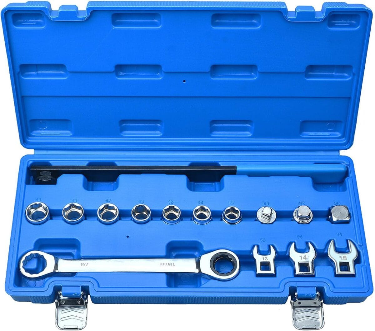 LainKeen 15 Pieces Ratcheting Serpentine Belt Tool Set,Serpentine Belt Removal Installation Tensioner Kit with Reversible Ratcheting Wrench, Socket Adapters, 6-Point Sockets, and Crowfoot Wrenches
