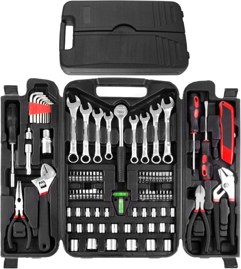 TLGREEN 95 Piece Tool Set, Tool Kit, Mechanics Tool Set, Portable Toolbox with Adjustable Wrench Pliers Socket Bits, with Plastic Toolbox, for House Apartment Garage (Red)